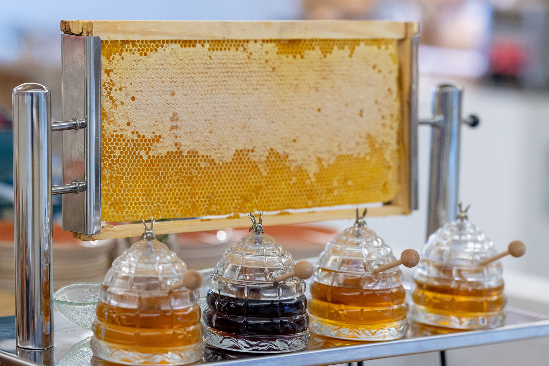 Fresh honeycomb display with glass honey jars and dippers at the breakfast buffet
