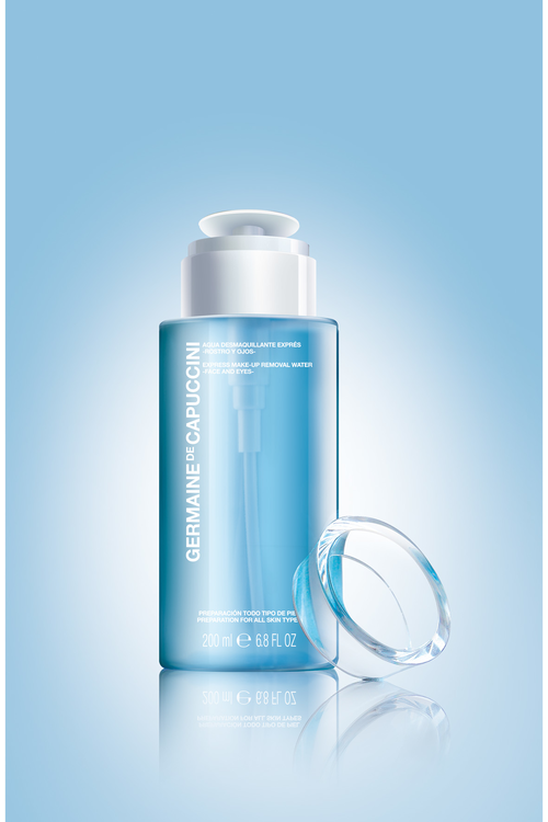 Germaine de Capuccini blue bottle of Express Make up removal water for face and eyes