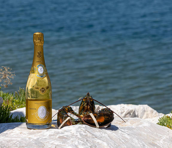 Lobsters next to a bottle of white wine