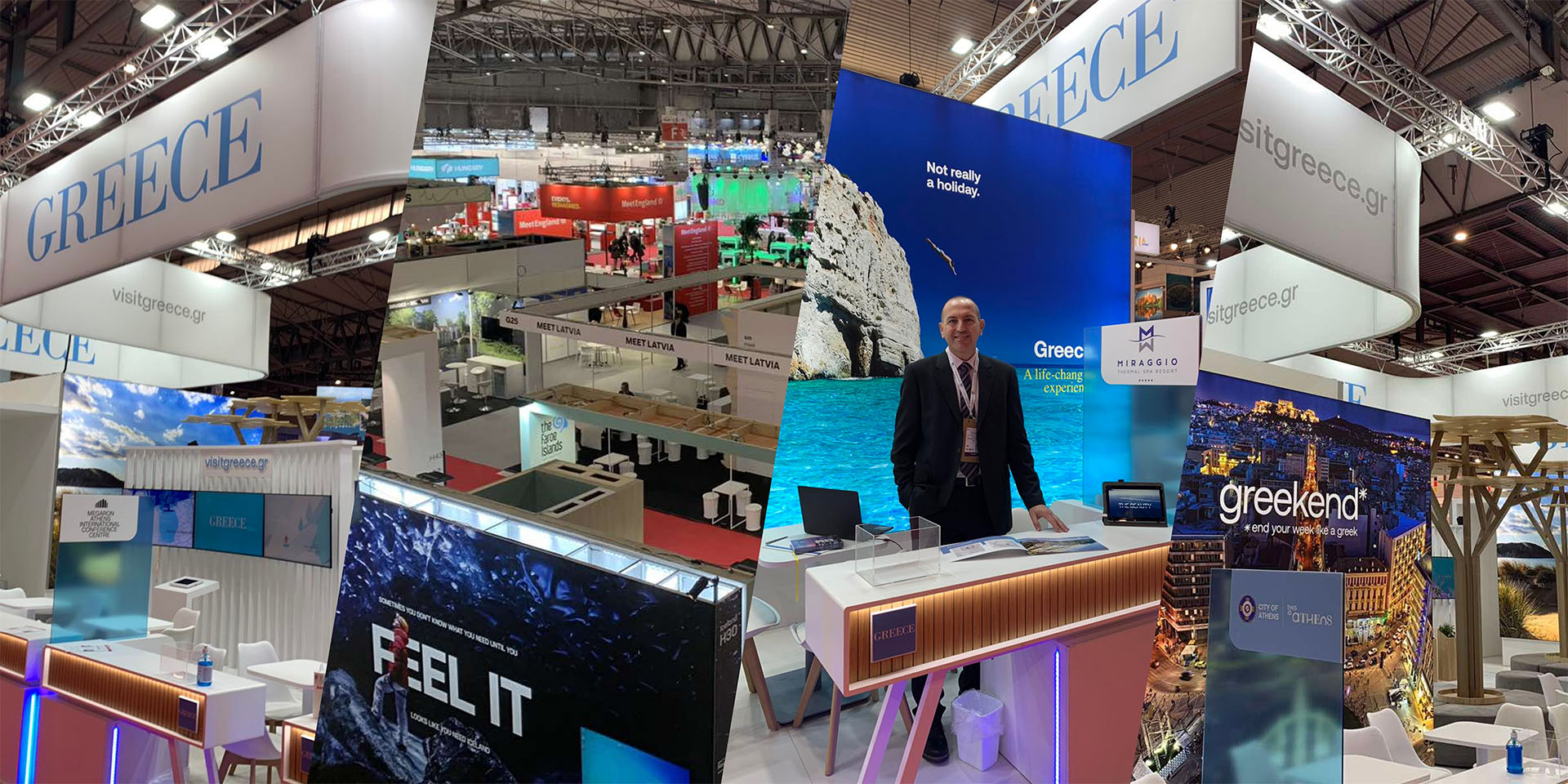 Greece tourism pavilion at international travel expo, featuring vibrant booths, destination visuals and Miraggio Resort