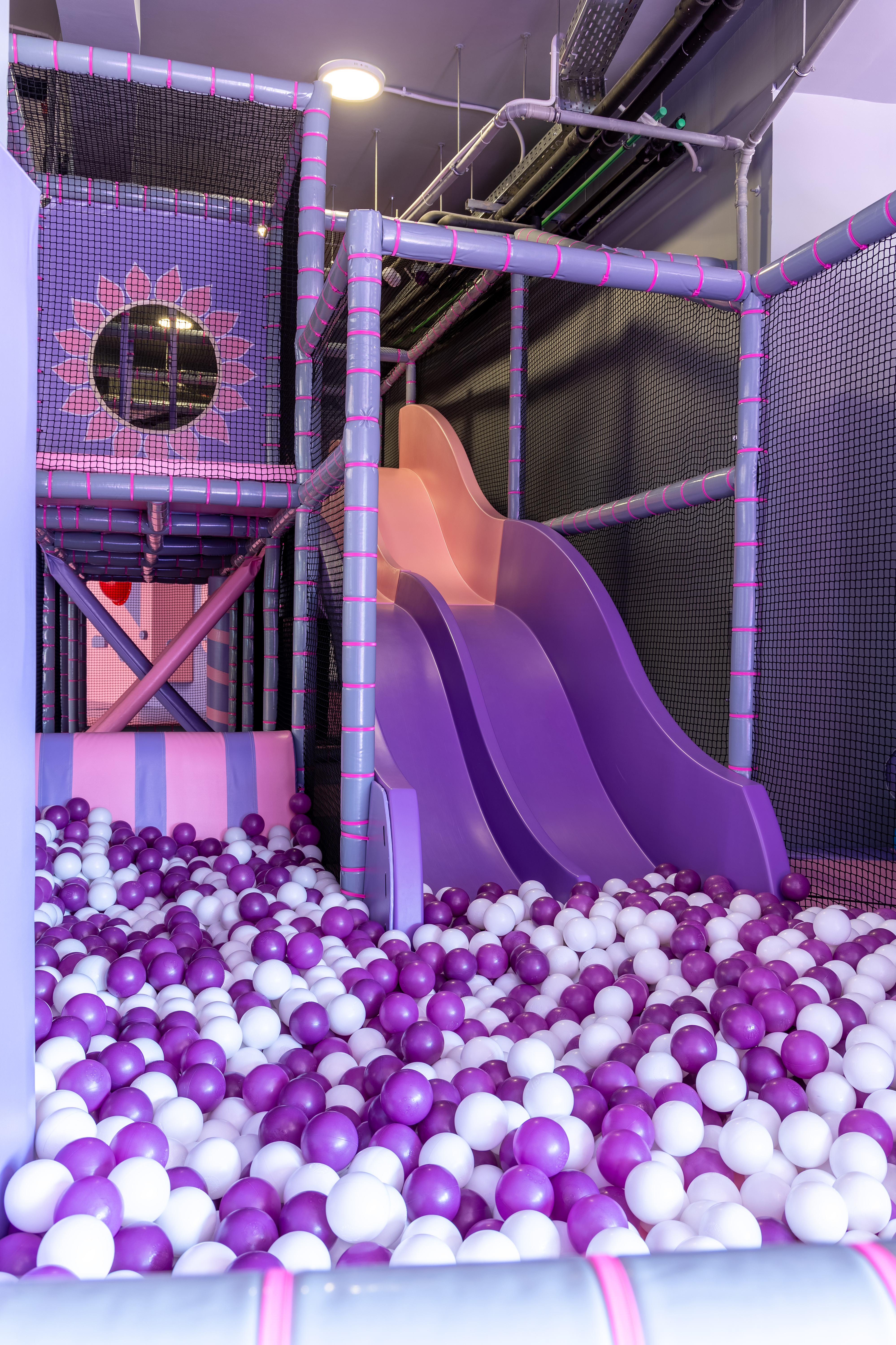 Indoor playground with purple slides and ball pit at Kids Planet