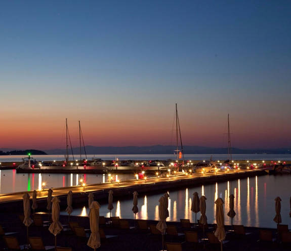 Miraggio Thermal Spa Resort marina lit up at night