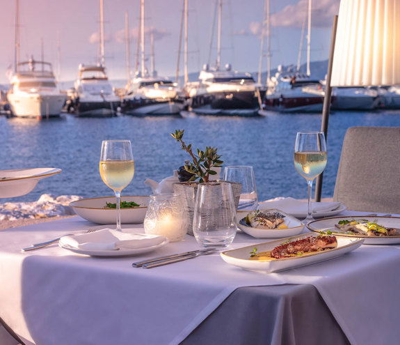 Elegant seaside dinner with gourmet dishes and white wine overlooking the marina