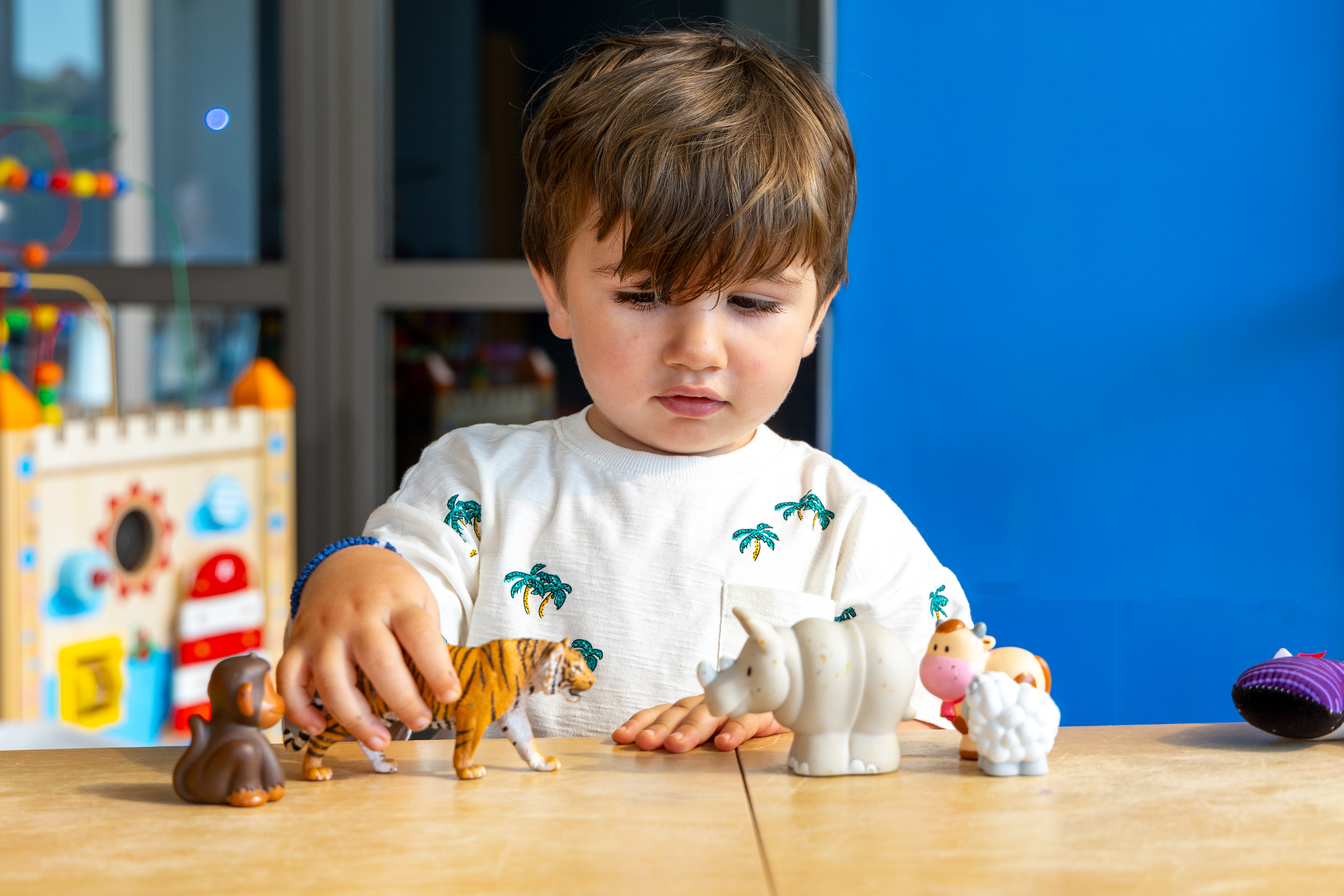Kid playing with animal toys on a counter in Kids Planet indoor play area