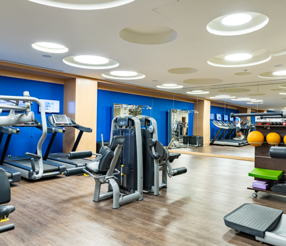 Modern indoor gym with strength training machines and natural lighting