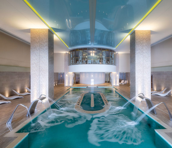 Miraggio Myrthia Thermal Spa indoor pool, waterfalls and sunbeds