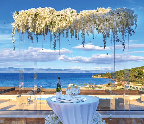 Miraggio Thermal Spa Resort wedding decorations and the sea in the background