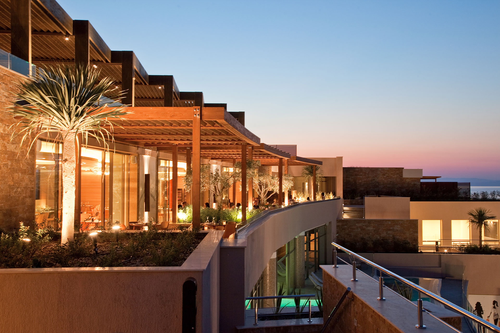 Wide view of Portofino exterior with Ambient lighting at dusk 