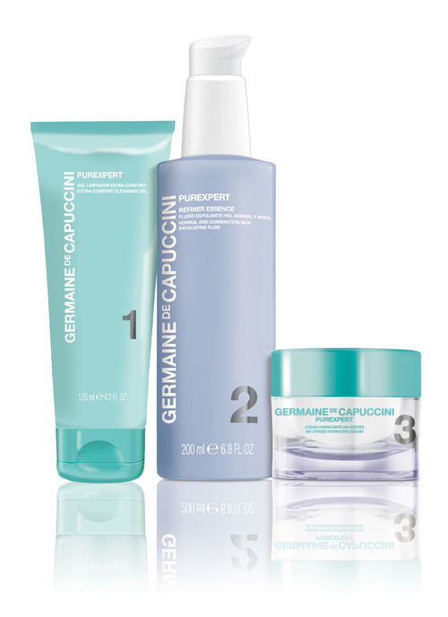 Germaine de Capuzzini Purexpert skincare trio with cleansing gel, refining essence, and cream