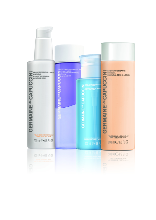 fGermaine de Capuccini skincare set with makeup remover, cleansing lotion, and toning lotion in pastel nottles