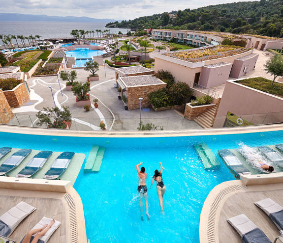 Miraggio Myrthia Thermal Spa pool and view of the resort