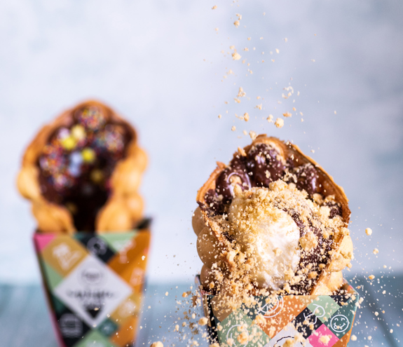 Fregio waffle cones filled with ice cream, chocolate, and biscuit crumble