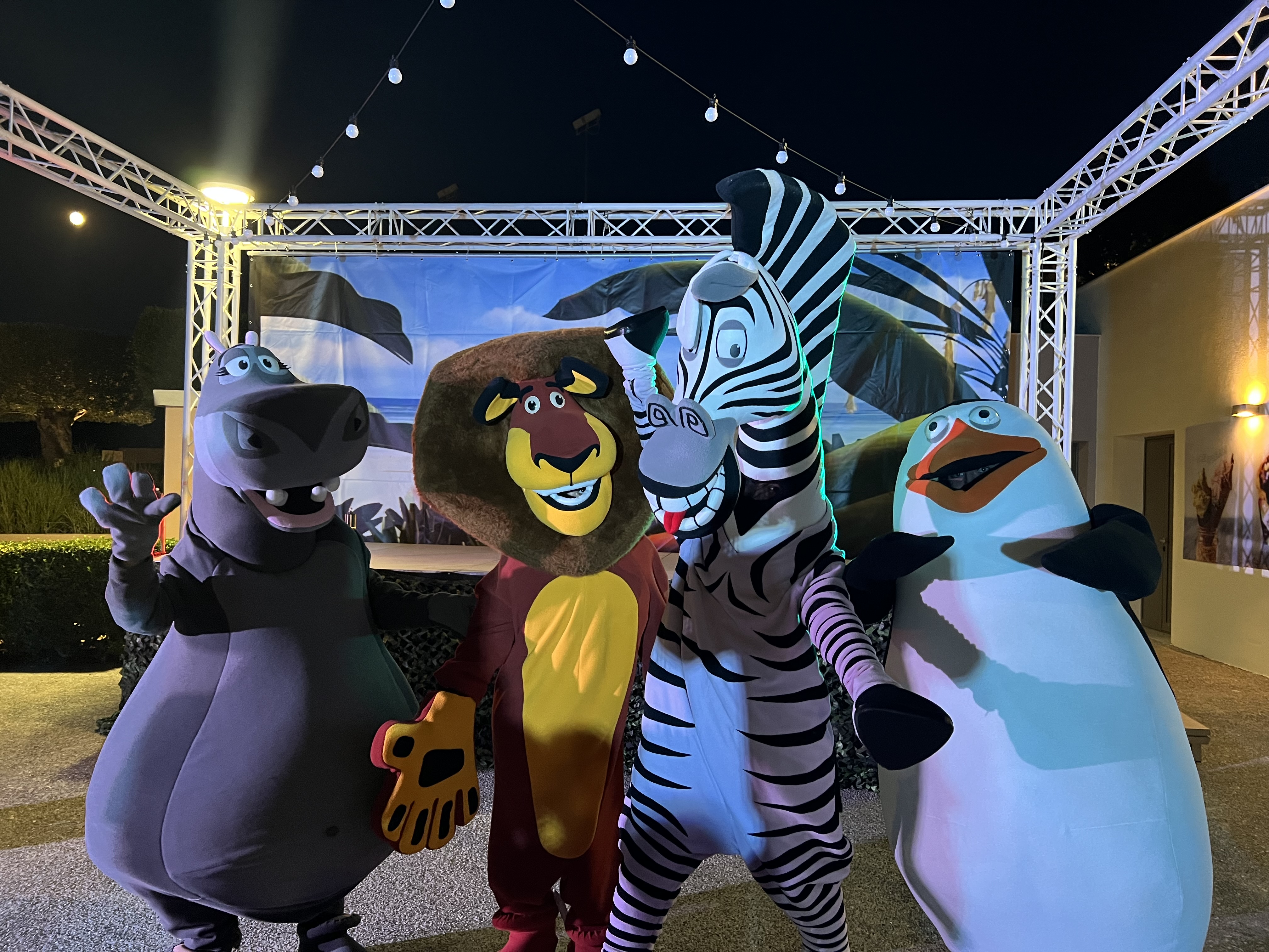 Colorful costumed characters posing together during an evening entertainment show
