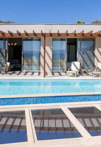 Miraggio Sea View Private Pool Suite pool and sunbeds from the front