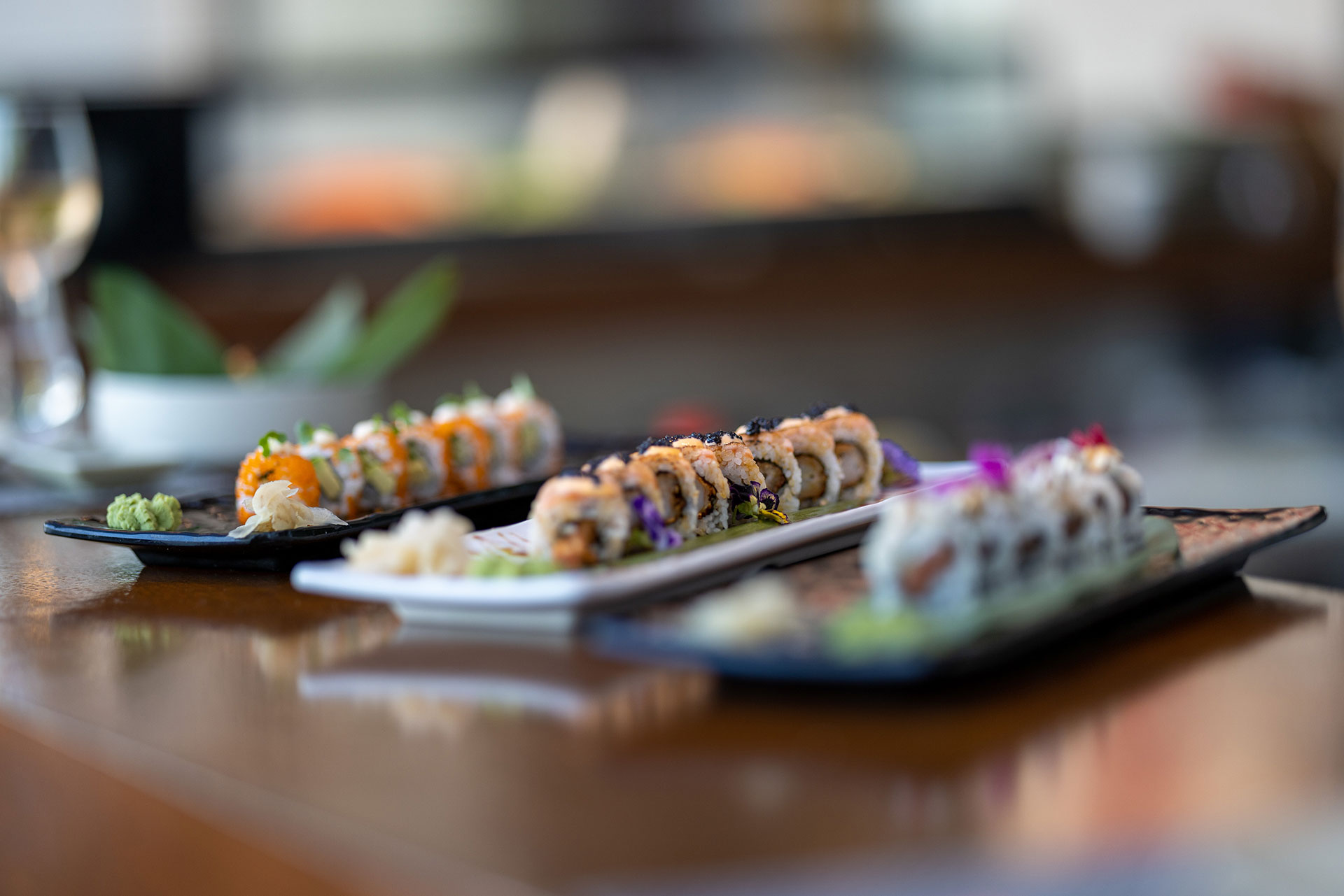 Assorted sushi rolls with colorful toppings and wasabi at the Lobby Sushi Bar