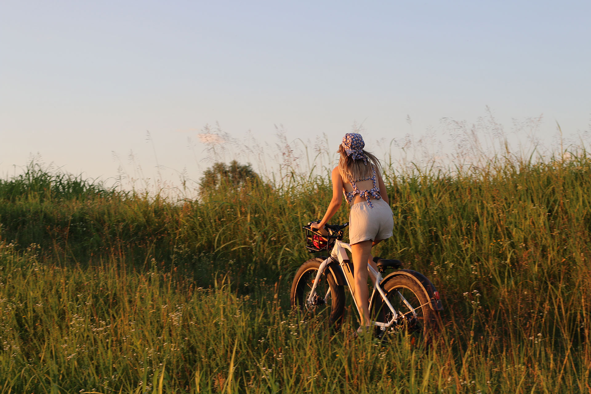 Woman cycling through tall grass at sunset on an electric bike