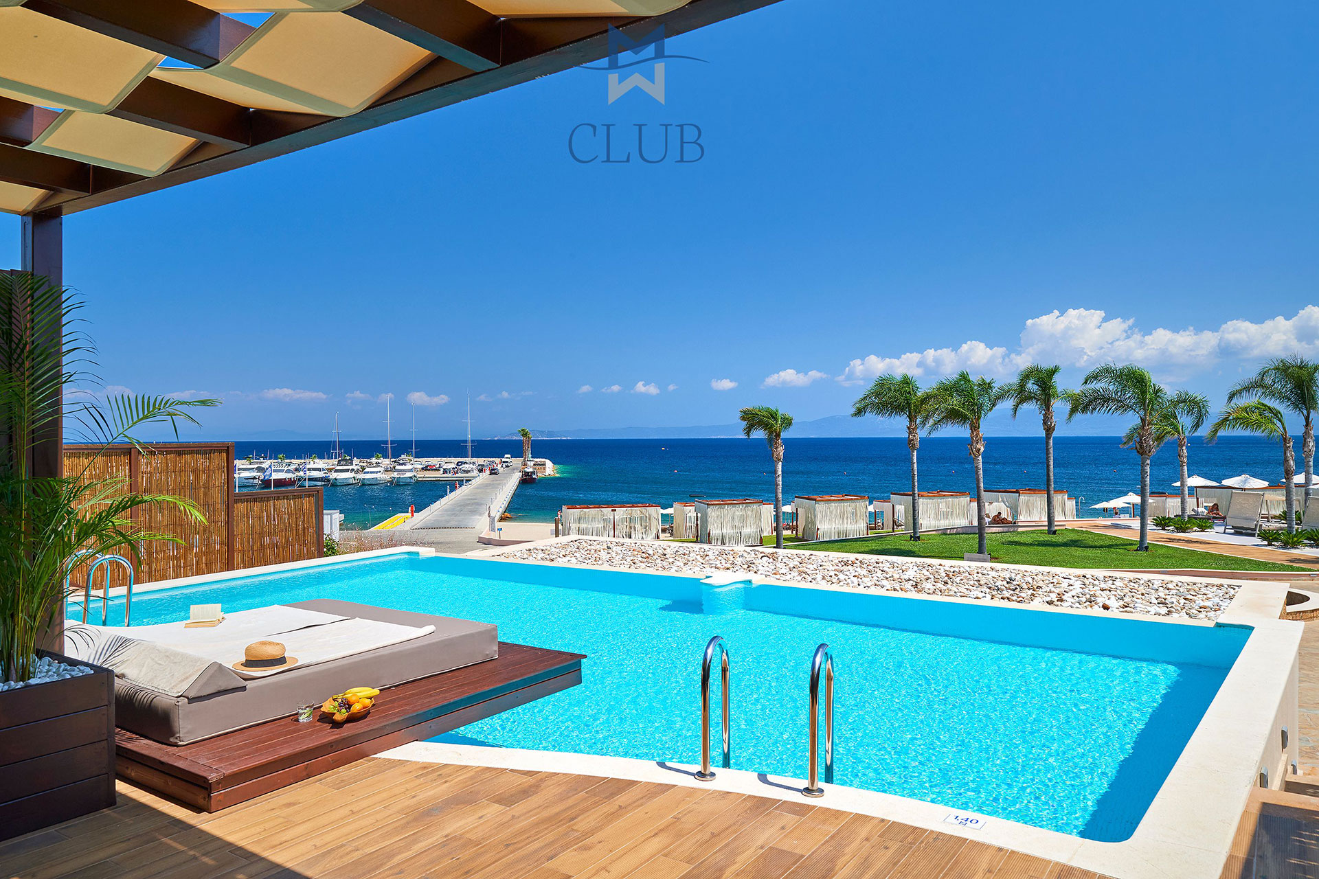 Private terrace of duplex suite, with private pool, floating sunbed and panoramic sea view