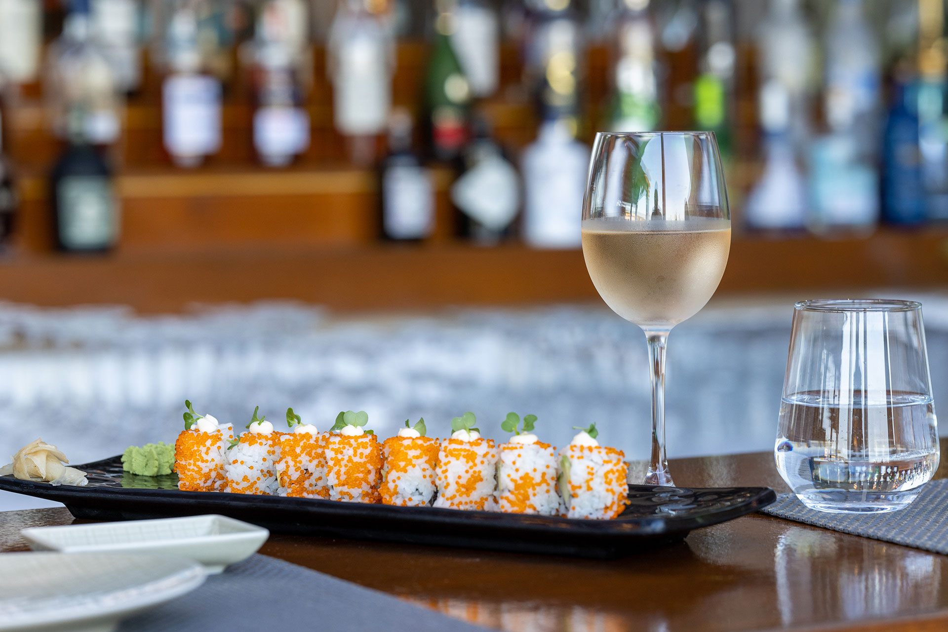 California sushi rolls served with chilled white wine at the Lobby Sushi Bar