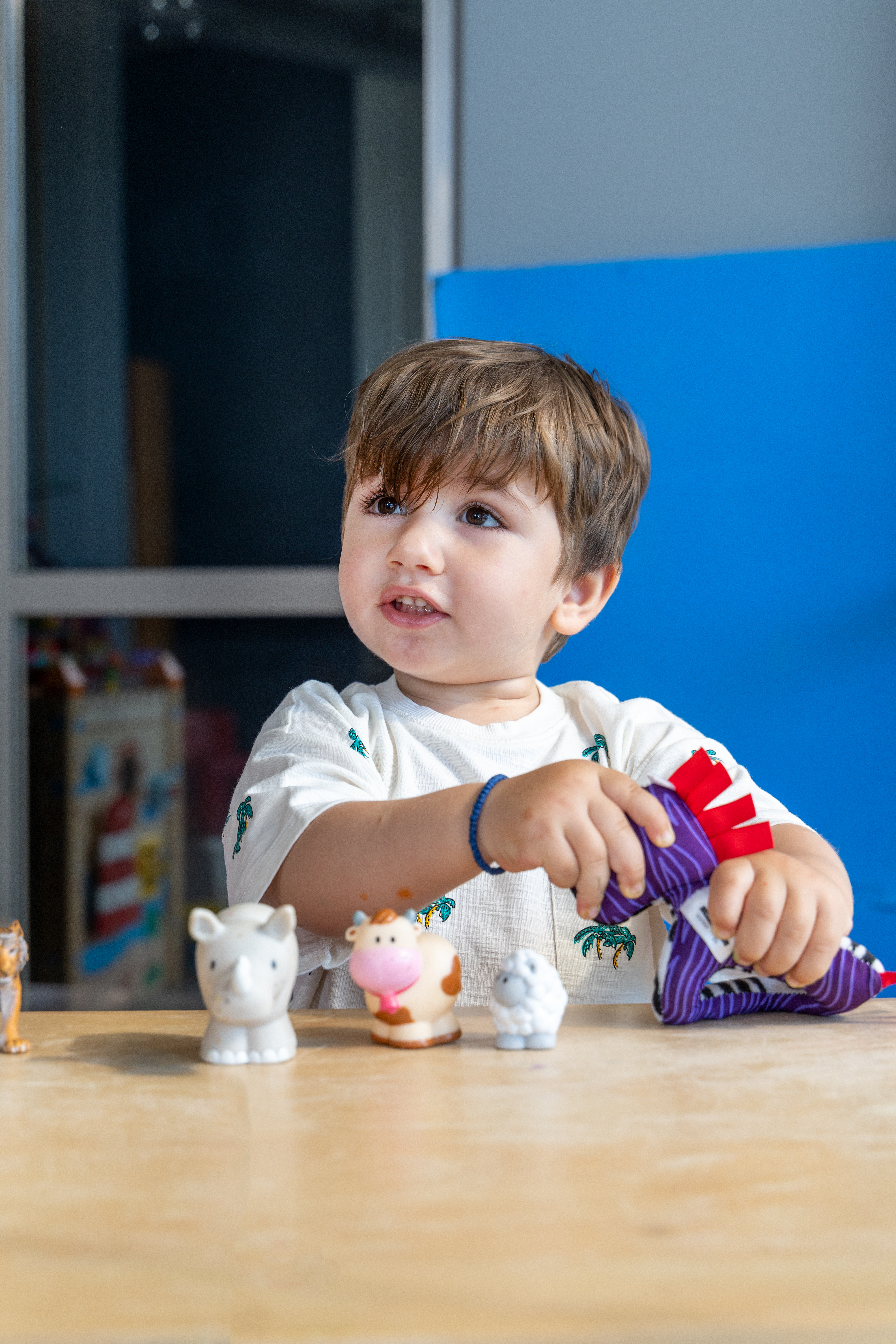 Happy kid playing with animal toys inside the indoor playground of Kids Planet