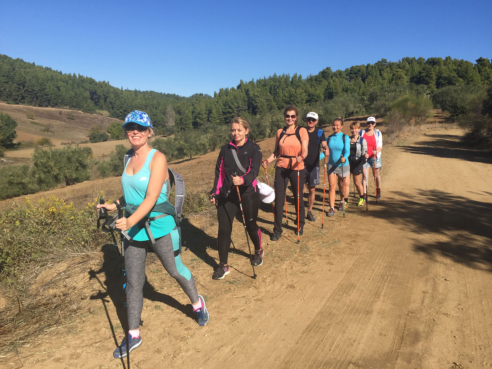 Group of hikers walking on a sunny dirt trail surrounded by hills and pine trees