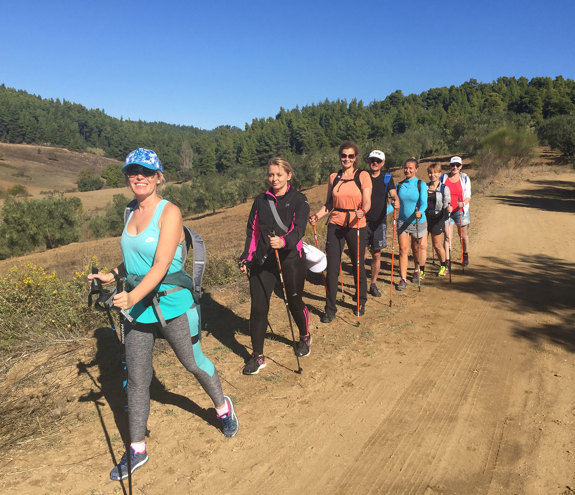 Group of hikers walking on a sunny dirt trail surrounded by hills and pine trees