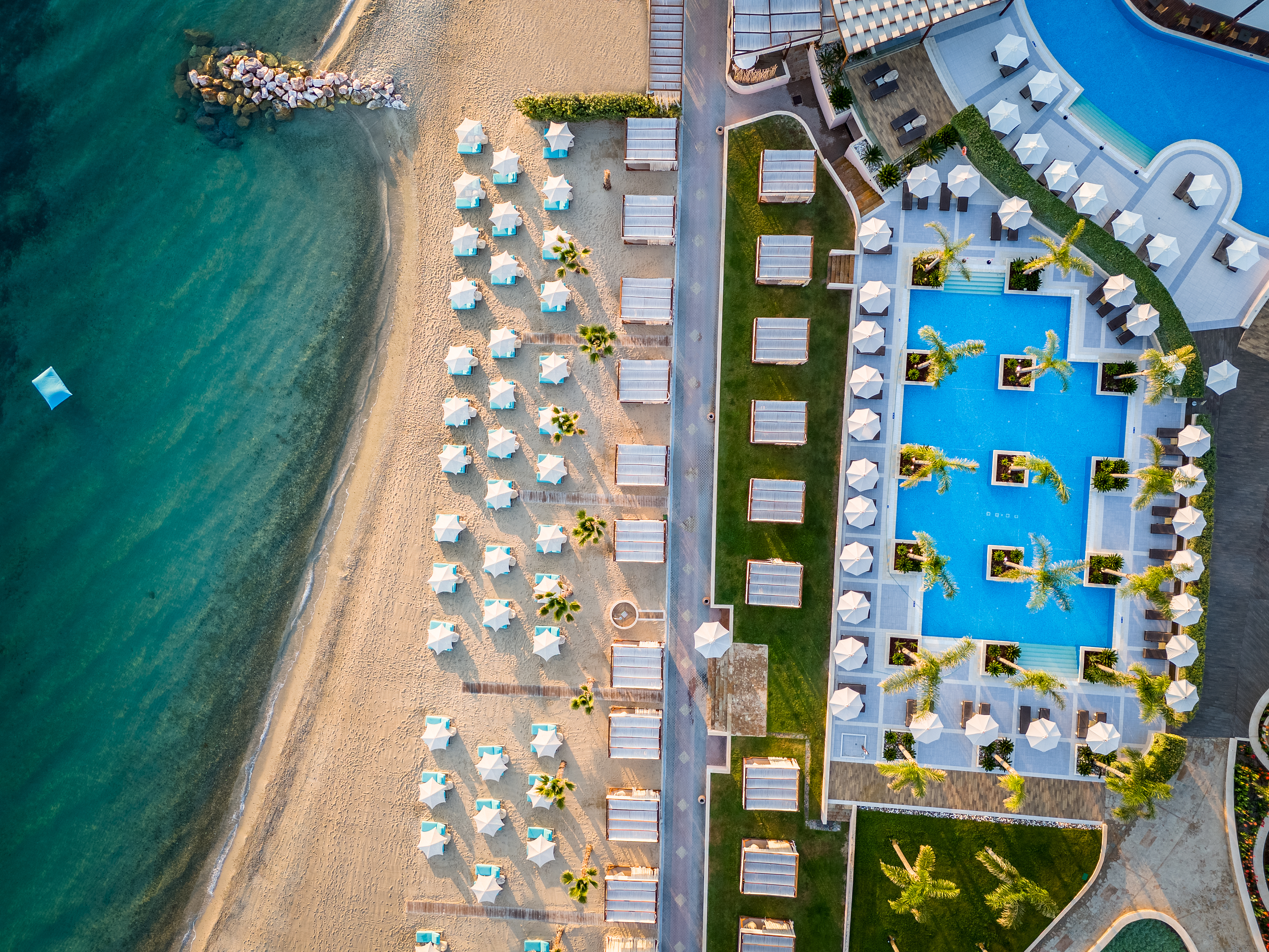 Top down aerial view of the sandy beach, turquoise sea, and palm-framed pools with aligned cabanas and umbrellas
