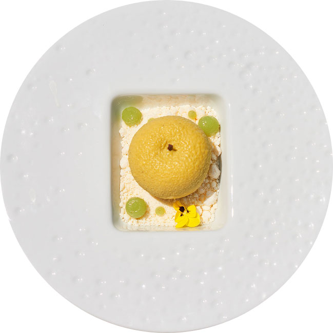 Gourmet lemon-shaped dessert served on crumbled meringue with green drops and edible flowers