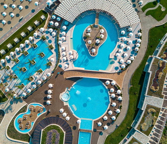 Sky high view of the pools