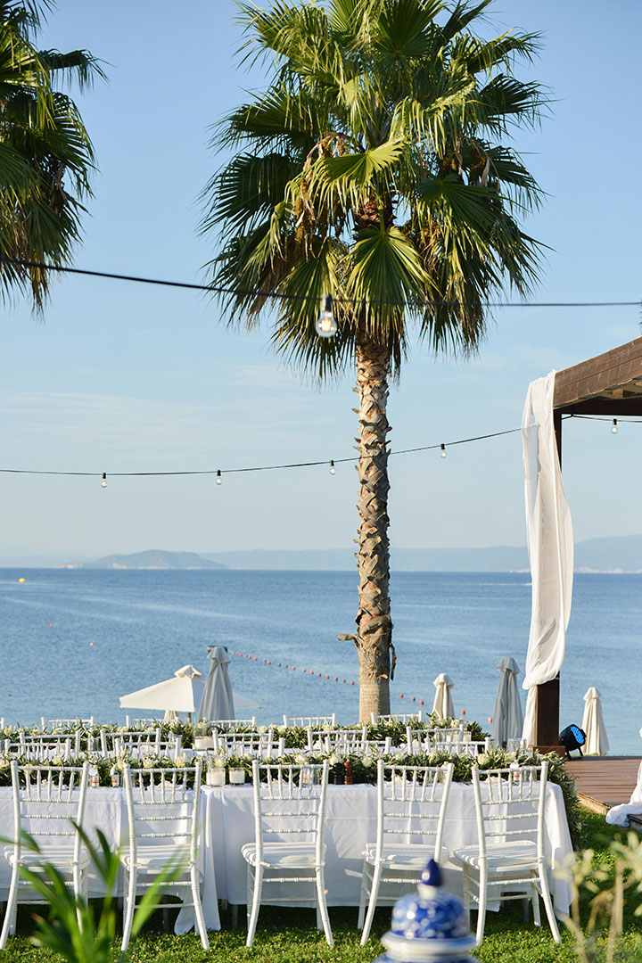 Elegant Seaside wedding table setup under palm trees with sea view