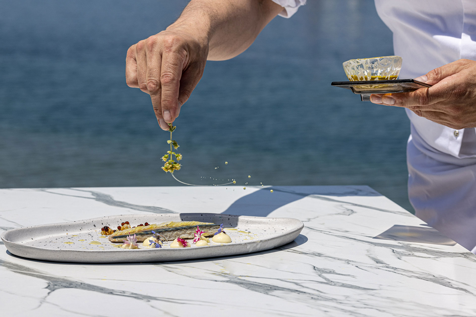 Chef garnishing a gourmet seafood dish with herbs and olive oil by the sea