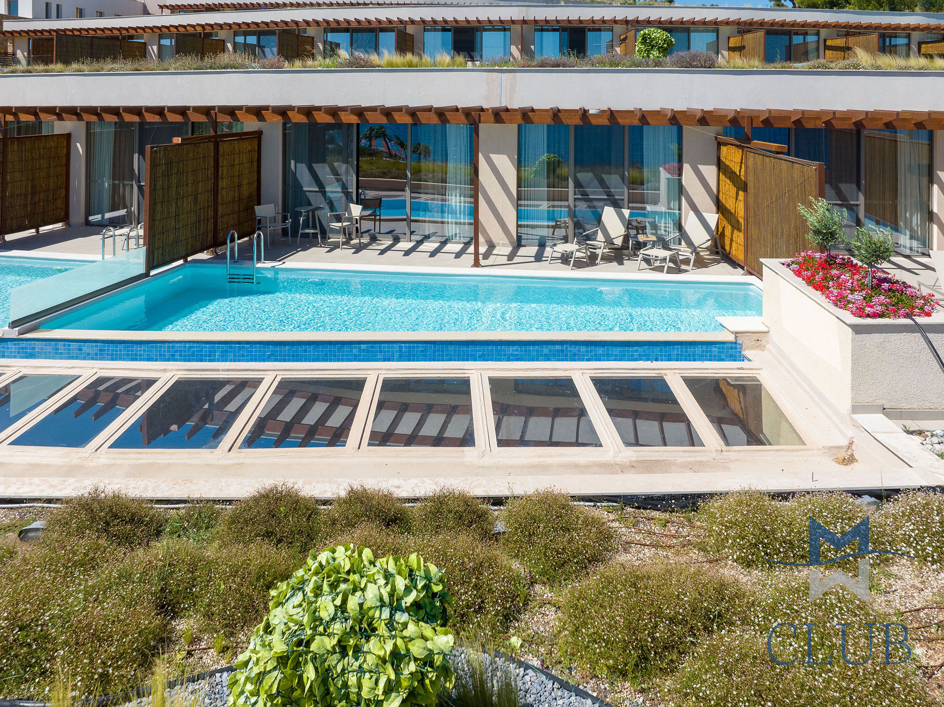 Exterior view of suites' private terraces with private pools and bamboo wall dividers
