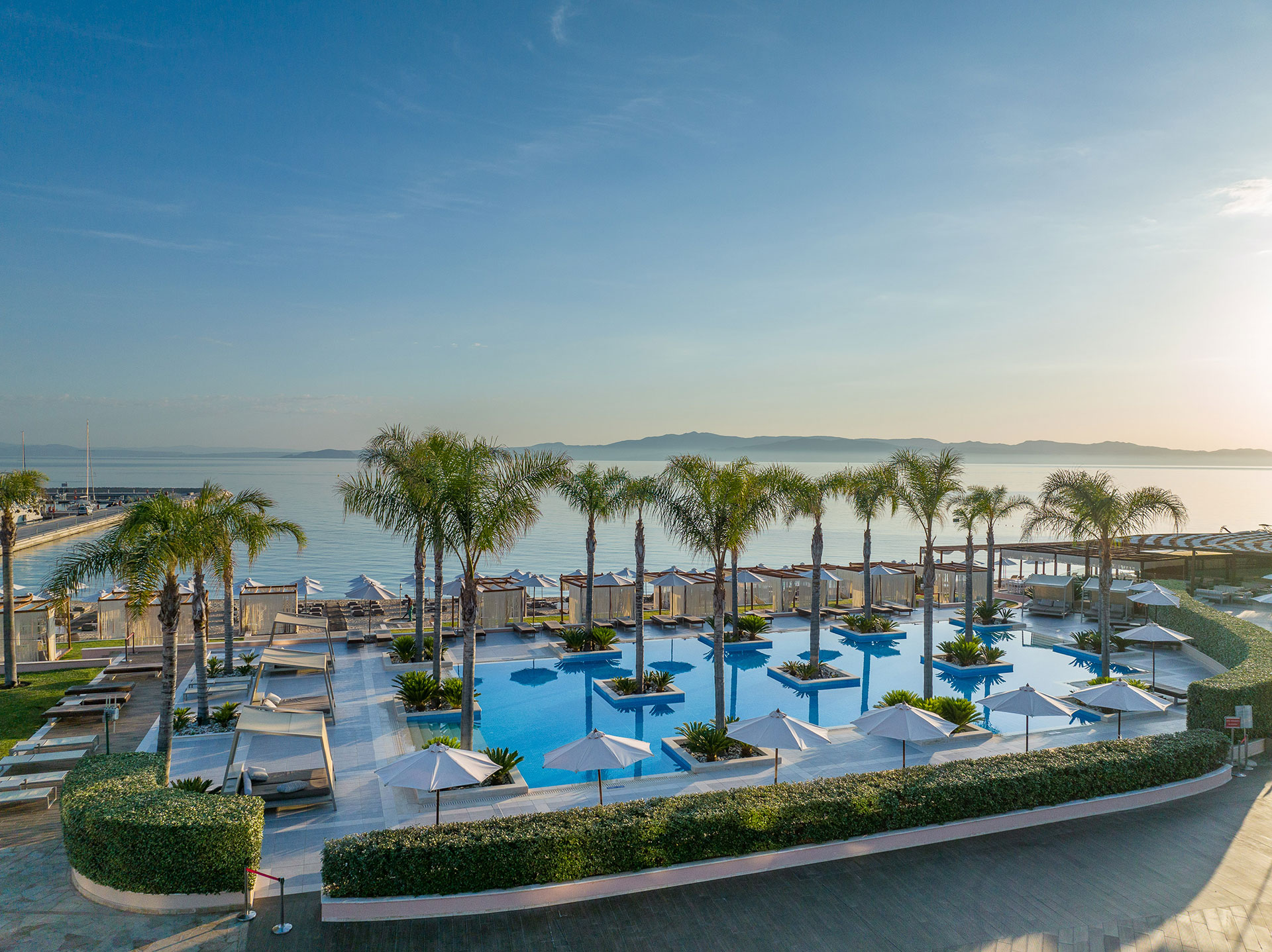 Tranquil infinity pool with palm trees and sunbeds overlooking the calm sea