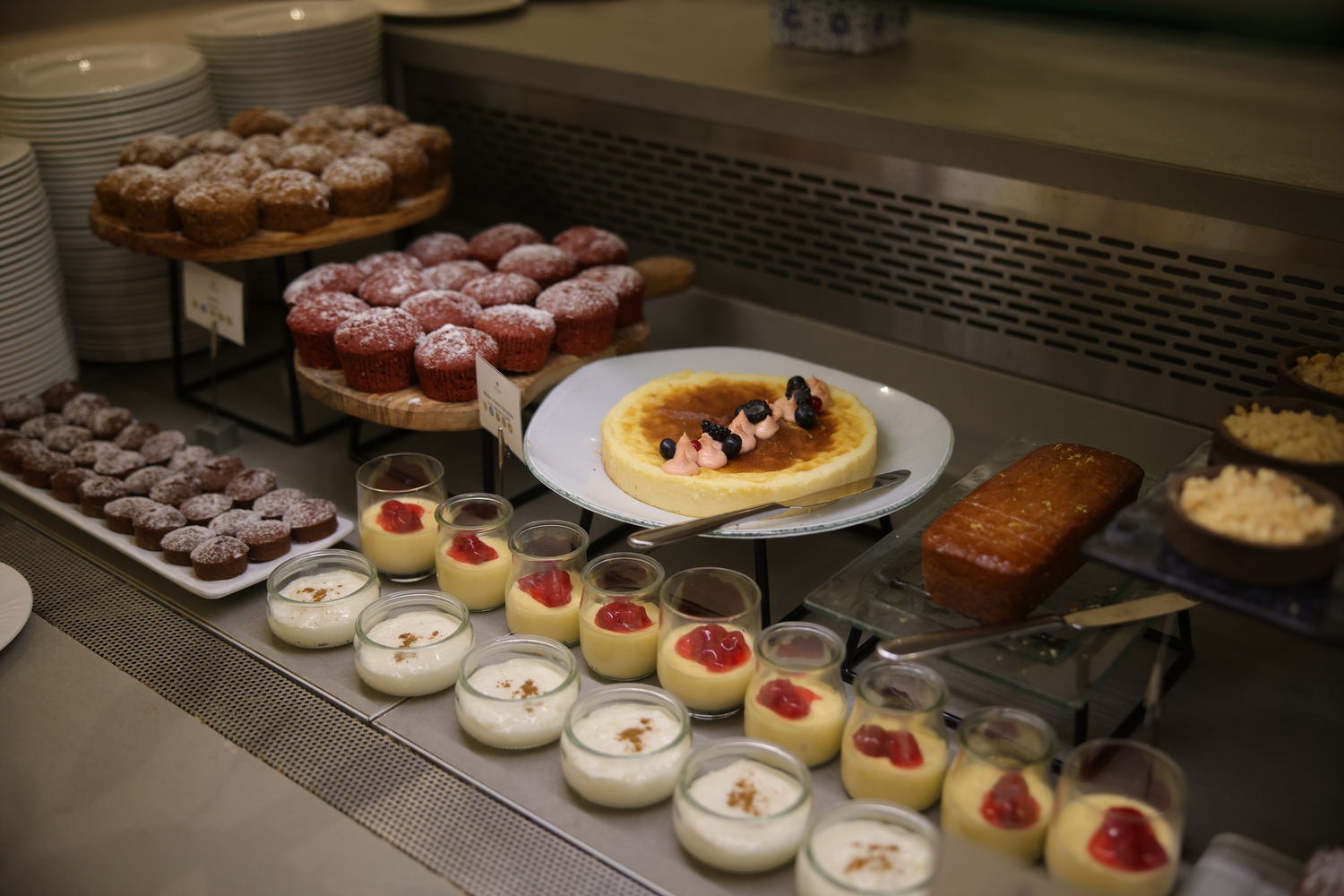 Close up to dessert buffet in Kritamo restaurant with cakes, mouses and pastries