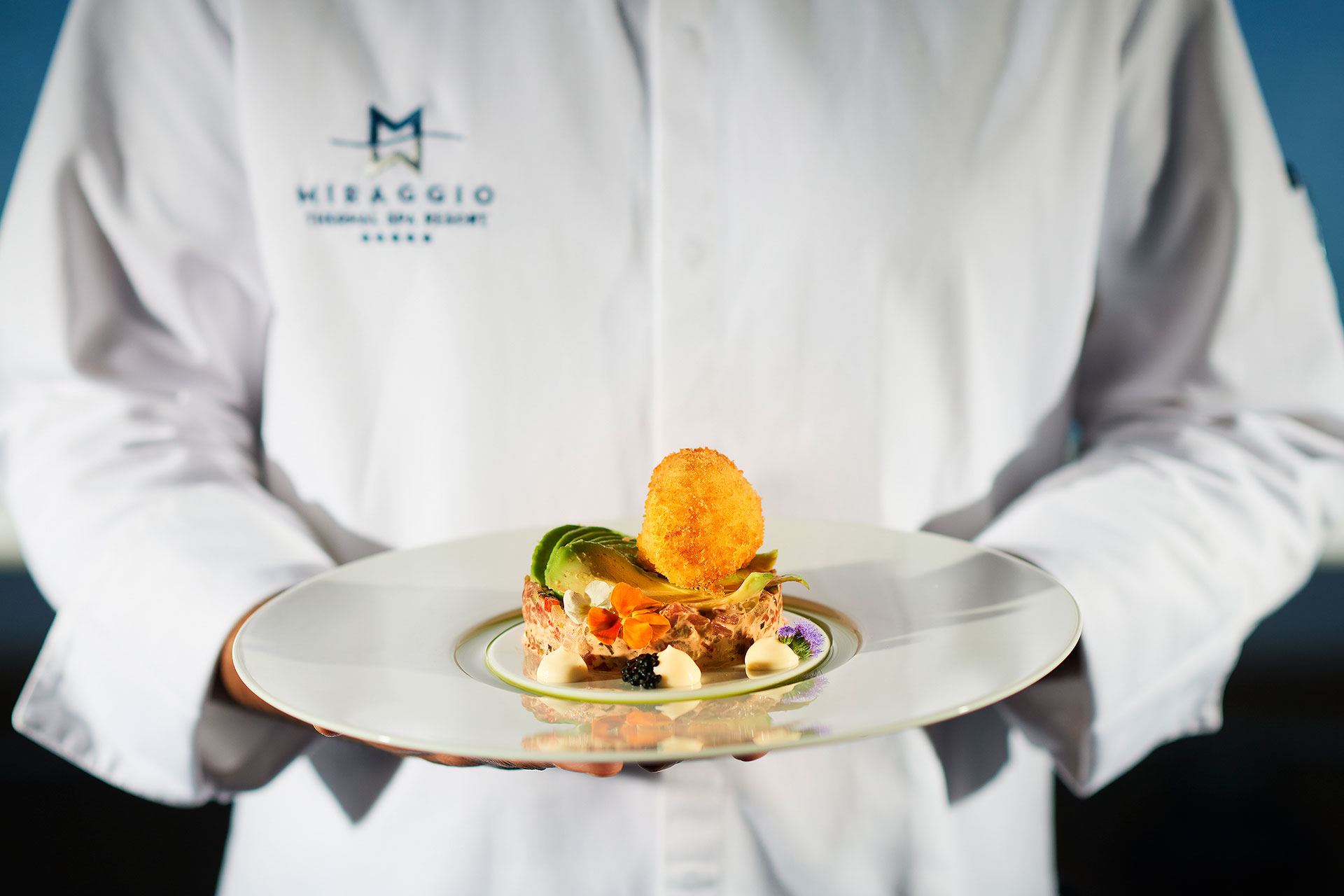 Chef presenting gourmet tartare with avocado slices and crispy topping