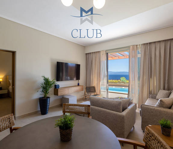 Miraggio Sea View Private Pool Suite table, chairs, sofa, armchair and television