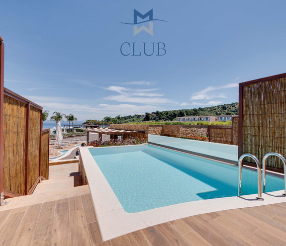 Terrace of duplex suite with sea view, private pool, wooden floor and bamboo dividers