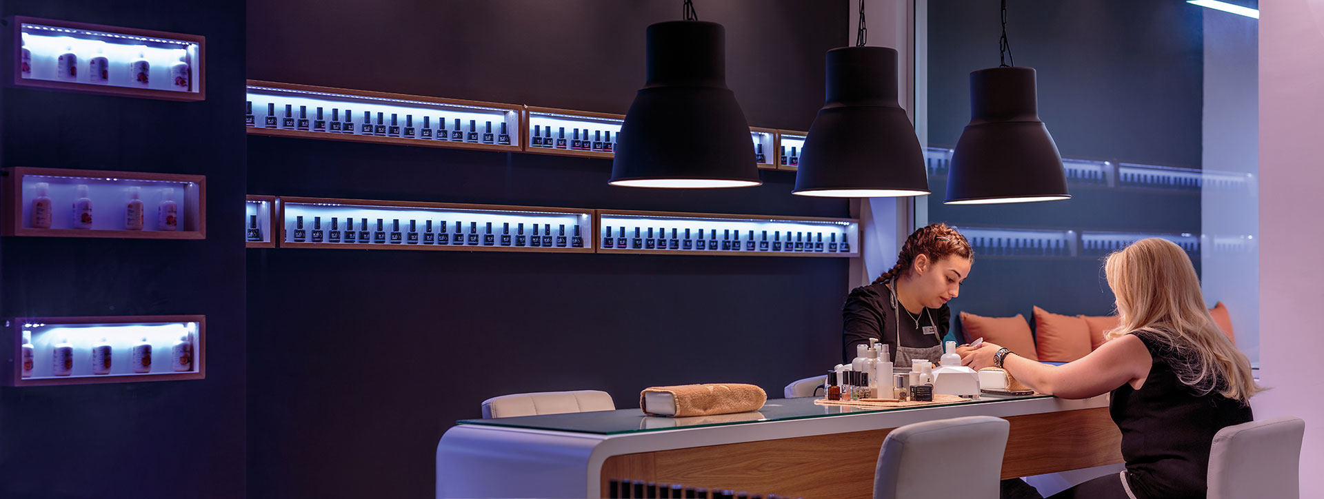 Luxury nail spa with elegant lighting and manicure service
