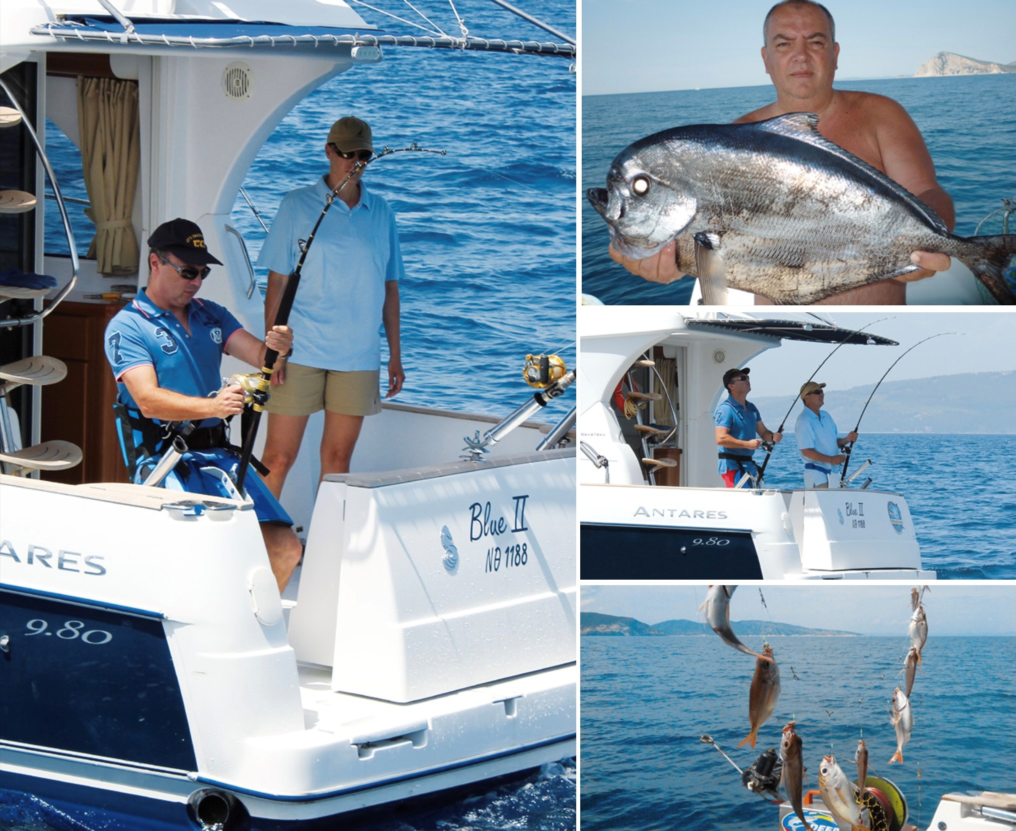Fishing charter trip on a motorboat at sea, with anglers catching and displaying fish