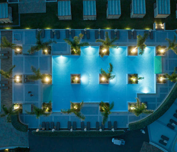 Miraggio Thermal Spa Resort relax pool top-down night time
