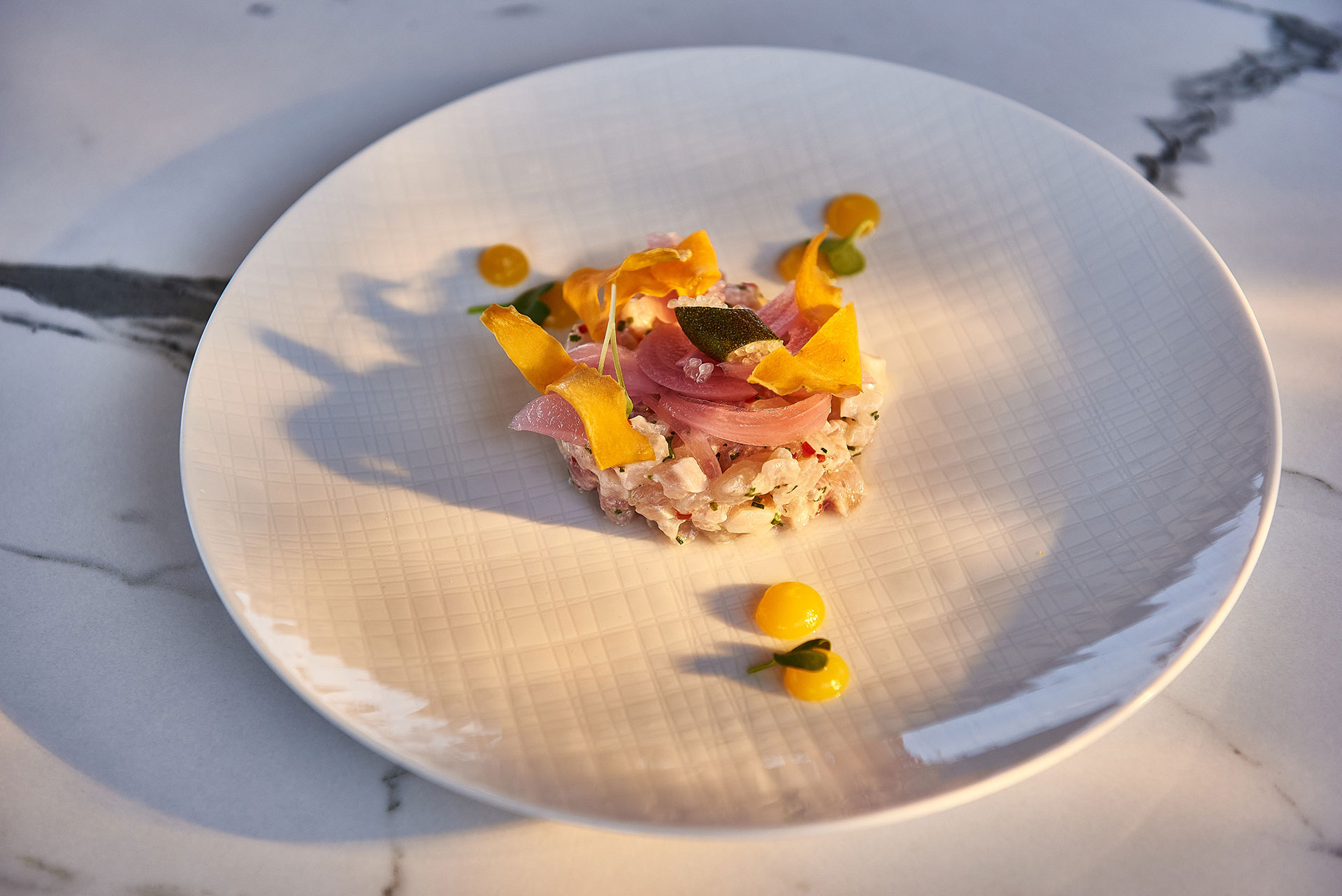 Gourmet seafood tartare with pickled onions and mango puree served on a marble table