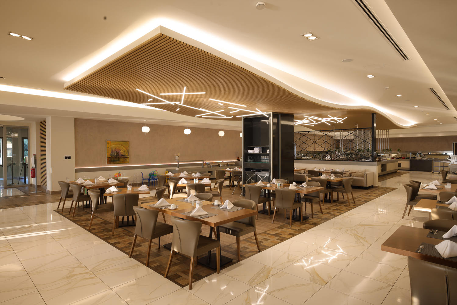 Bright interior of Kritamo restaurant with modern wooden designed accents and cozy seating